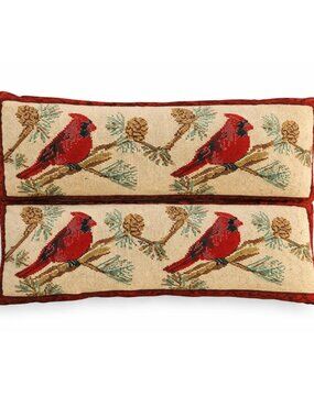 Red Cardinal Needlepoint Pillow Pair Holiday Decor Pinecone Accent
